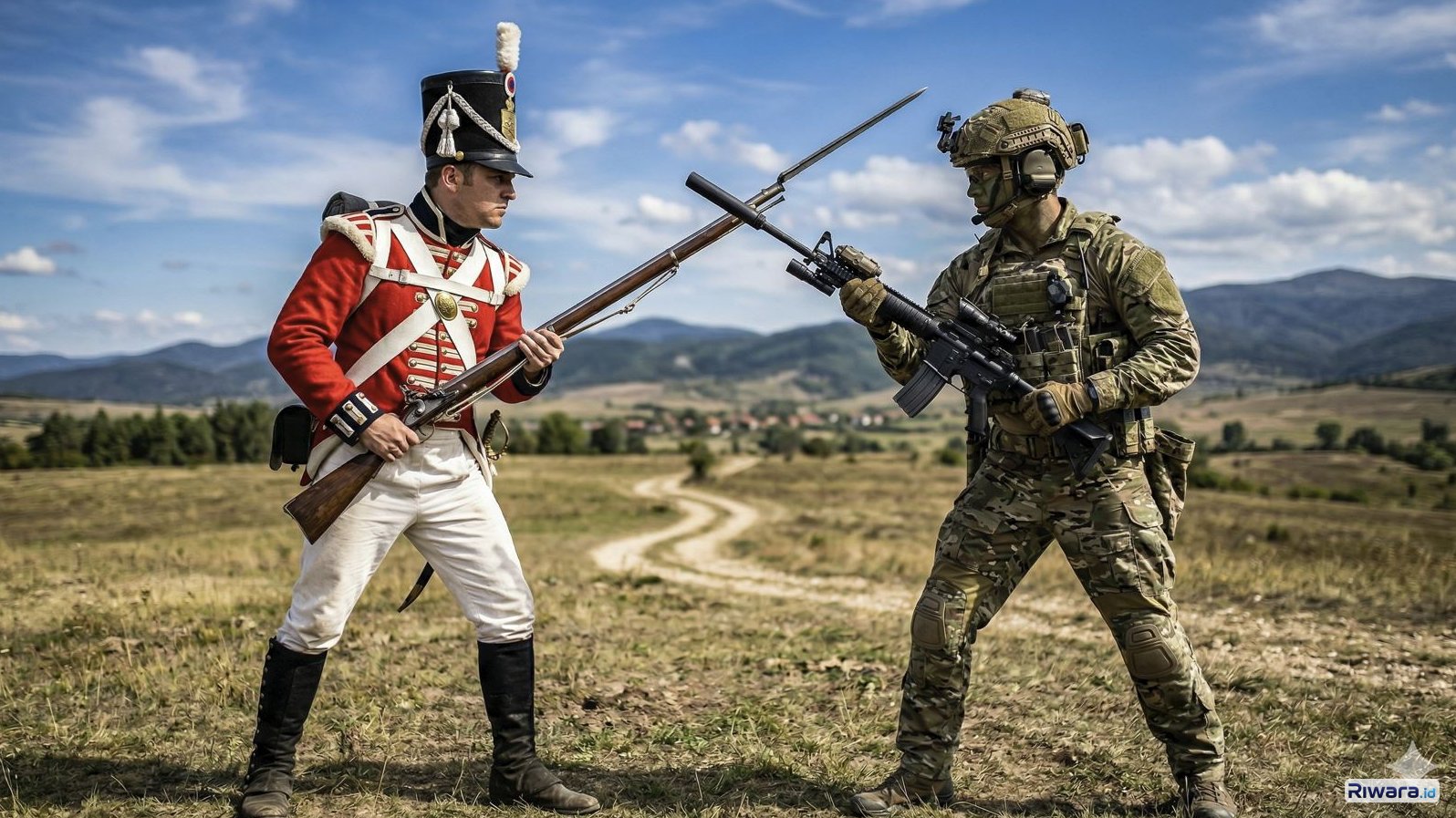Ilustrasi perbandingan seragam militer era Napoleon dengan seragam militer masa kini yang lebih menyatu dengan alam, dibuat dengan bantuan Gemini AI